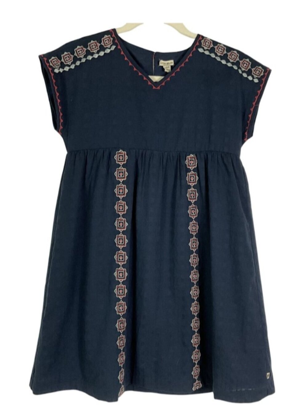 Lucky Brand Girls Embroidered Dobby Cotton Babydoll Dress Medium M 10/12 Navy Bo